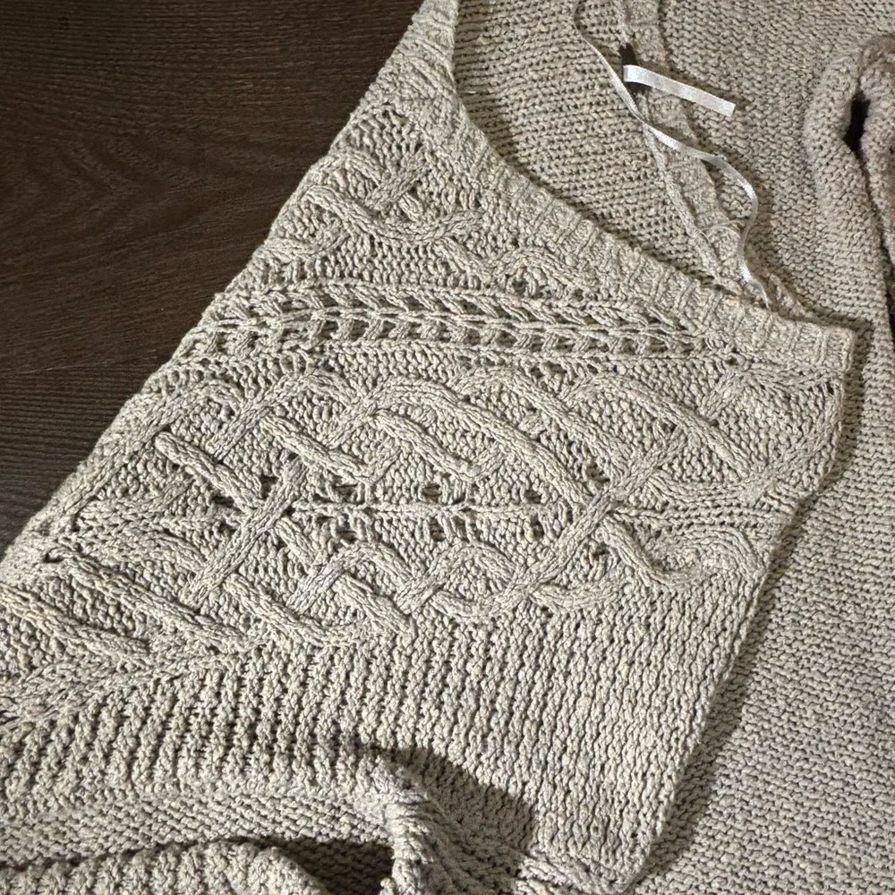 Free People Tan Crew Neck Sweater with Intricate Knit Pattern
